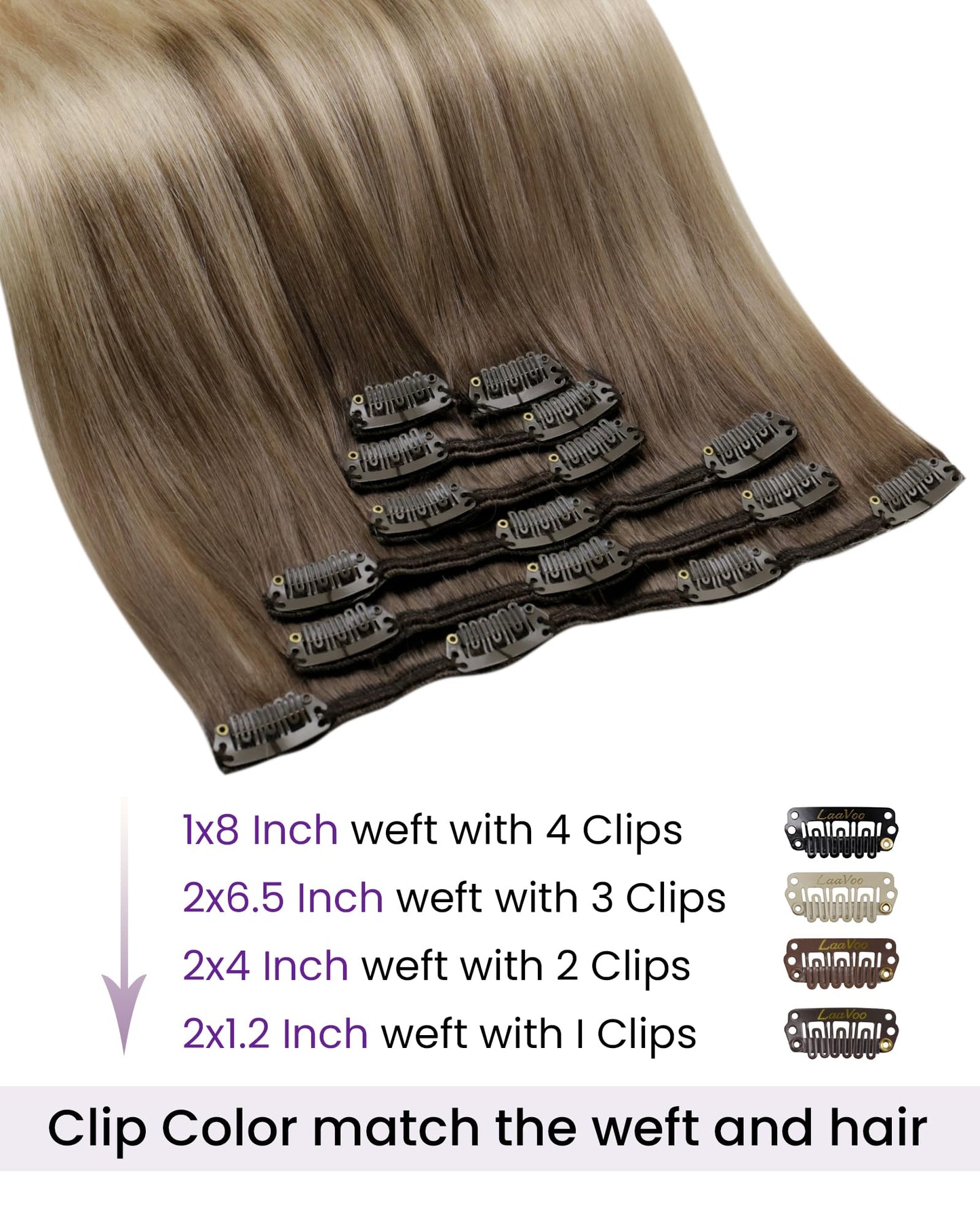LaaVoo Ombre Clip in Hair Extensions Real Human Hair Light Brown to Ash Blonde with Platinum Blonde Balayage Human Hair Clip in