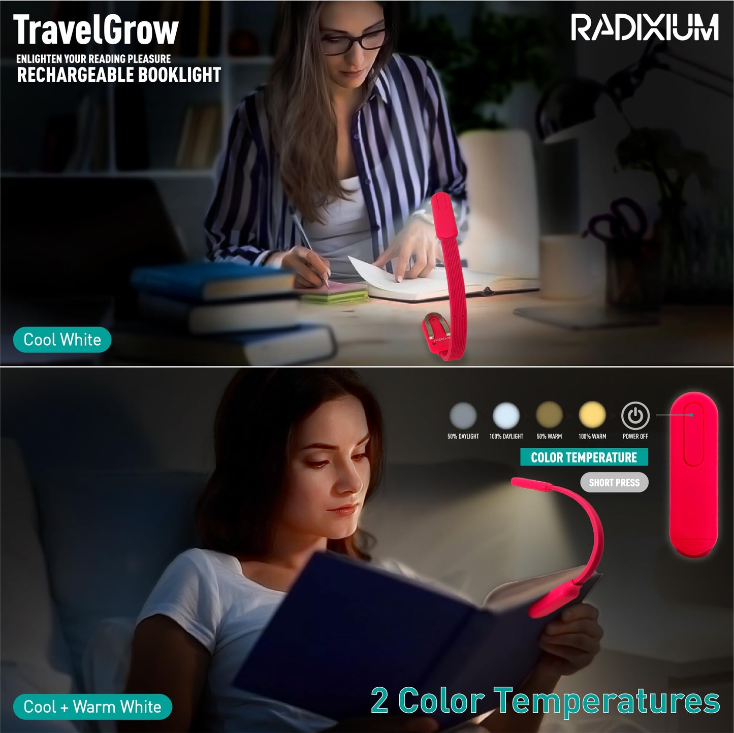 Radixium Slim Rechargeable Book Reading Light  Eye Caring Led With 4 Color Temperatures  Portable Clip On Book Light For Reading In Bed & Travelling. Prefect Elegant White Gift For Book Lover.(Pink)