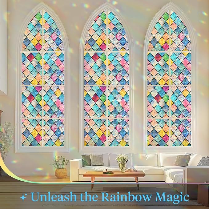 Haton Stained Glass Window Film, Rainbow Window Privacy Film, Decorative Sun Blocking Glass Clings Stickers, Static Cling Colorful Lattice Coverings Decals for Home Door 17.5" x 78.7"