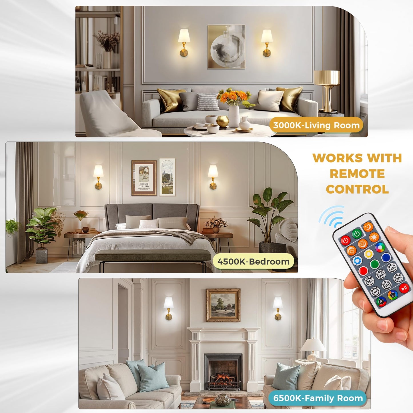 DORESshop Battery Operated Wall Sconce Set of 2, Dimmable Metal Wall Light, 14.8in, Gold