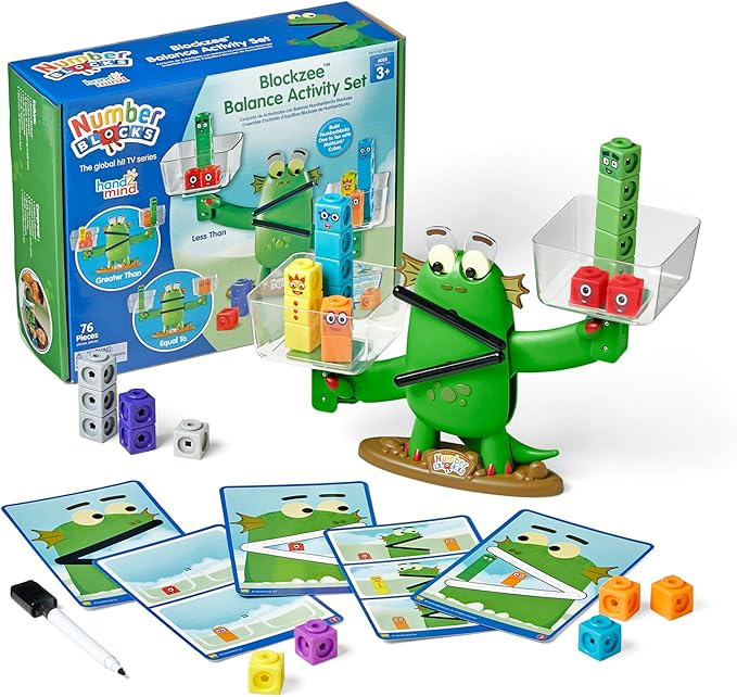 hand2mind Numberblocks Blockzee Balance Activity Set, ﻿61 MathLink Cubes, Balance Scale, Educational Math Manipulatives, Numbers for Toddlers, Preschool Learning Activities, Birthday Gifts for Kids
