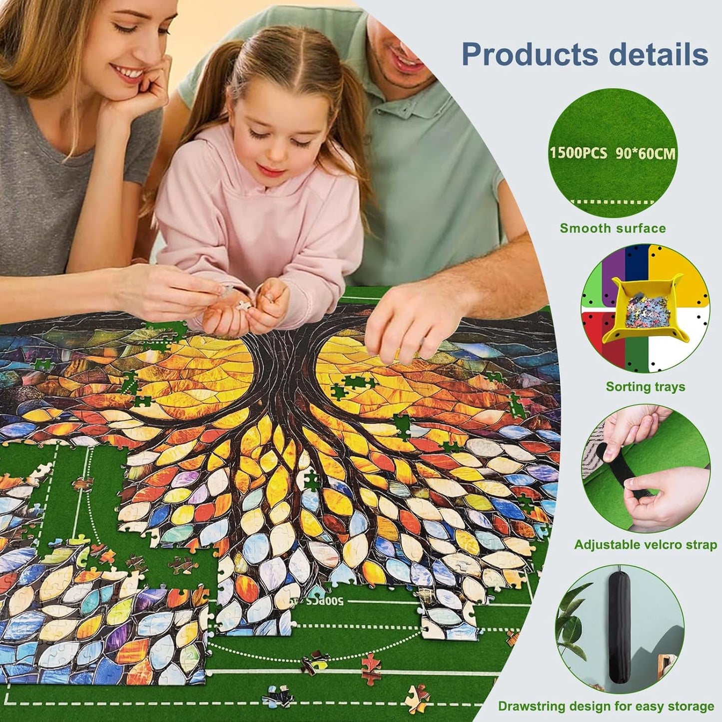 Napzy Puzzle Mat Rollup Puzzle Mats for Jigsaw Puzzles Storage Puzzles Matt Roll Up Board Saver with 8 Sorting Trays 1 Drawstring Bag Jigsaws Table for Up to 1500PCS