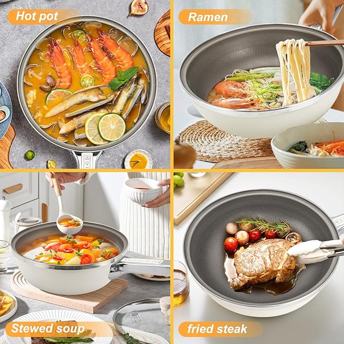 AEWHALE Hot Pot Electric,5L Multifunctional Electric Pot for Cooking,1600W Non-Stick Frying Pans for Steak, Egg, Ramen, Soup with Temperature Adjustment， Titanium Stainless