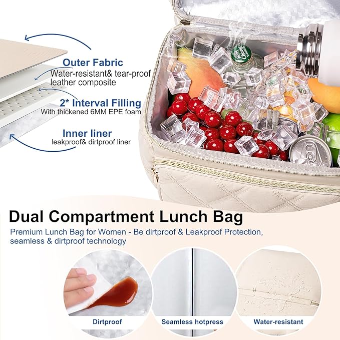 Weitars Lunch Bag for Women Men,Double Deck Lunch Box for Women,Quilted Lunch Tote for Work,Insulated Lunch Cooler Leakproof Lunchbox for Adult with Shoulder Strap &Pockets for Picnic Hiking (Beige)