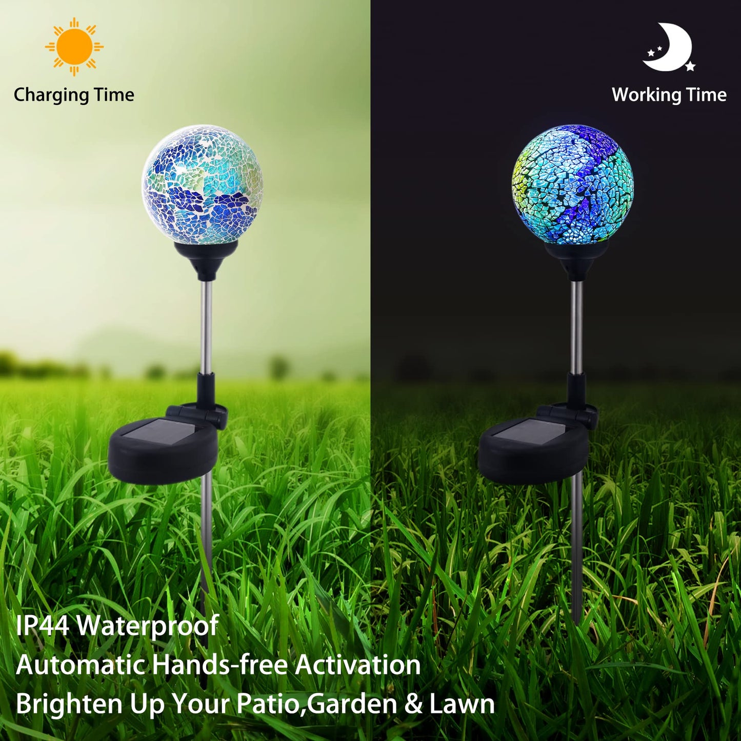 WNP Outdoor Mosaic Solar Light Stake Decor - Waterproof LED Garden Light, Blue Glass Ball