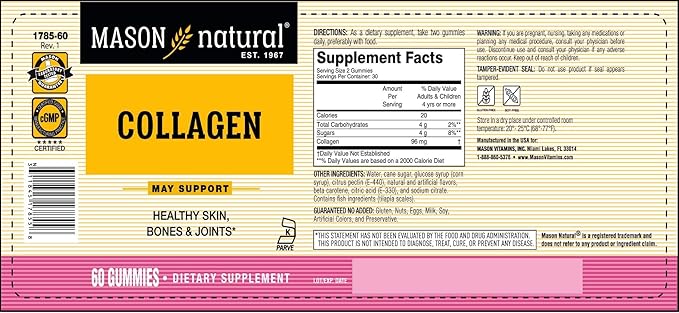 MASON NATURAL Collagen Gummies - Supports Healthy Skin, Bones and Joints, Tropical Fruit Flavor, Kosher, Gelatin Free, 60 Gummies (Pack of 2)