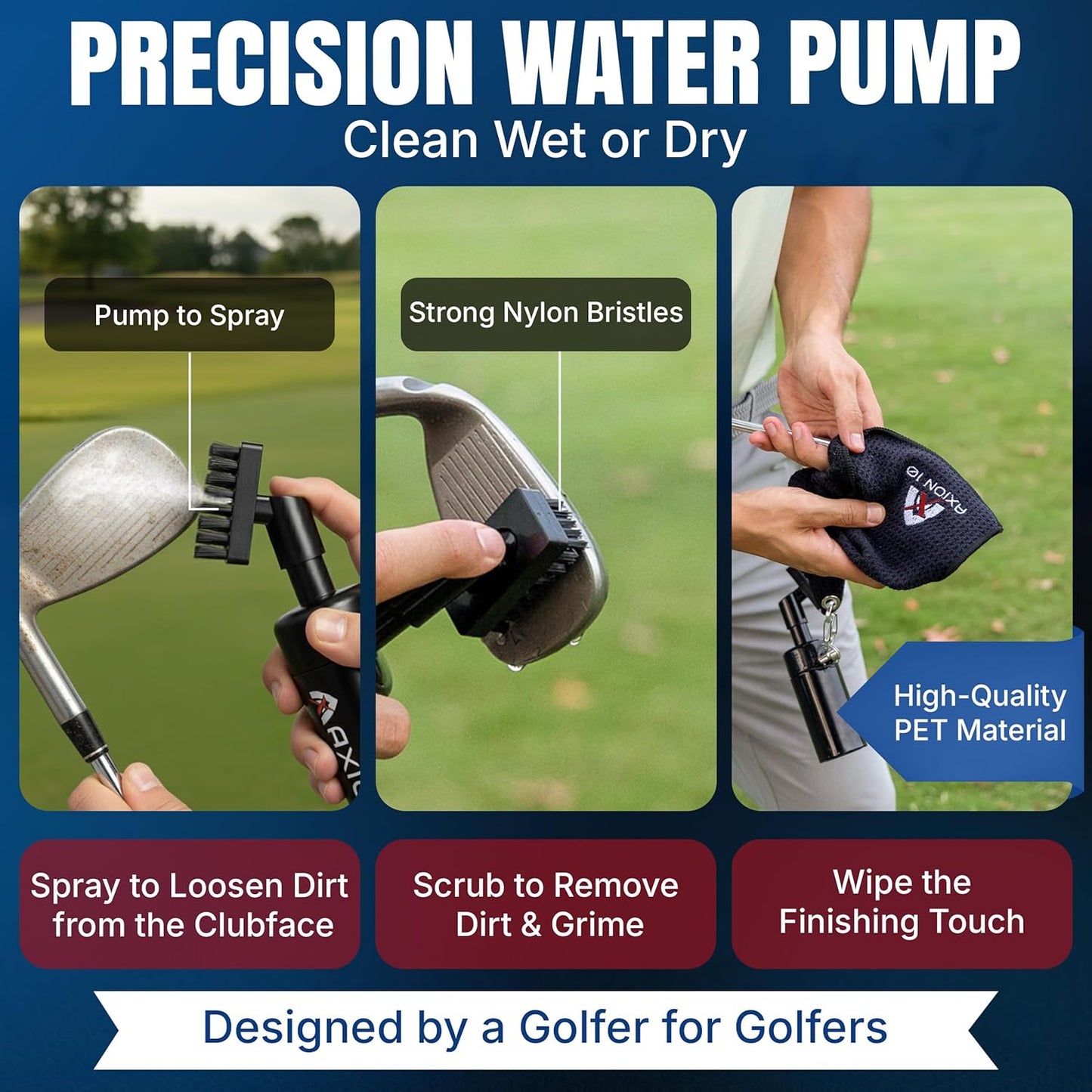 Golf Club Cleaner Brush – Premium Leak-Proof Water Golf Brush with Magnetic Clip & 13″ Towel, Nylon Bristle, Groove Cleaner Golf Club Cleaning Kit – Men’s Golf Accessories for Golfers