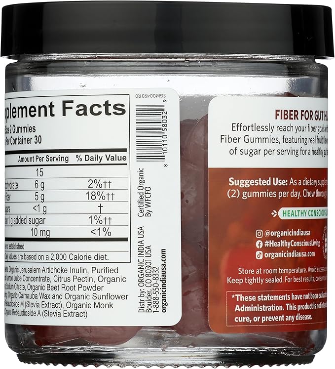 ORGANIC INDIA Fiber Gummies for Adults - Prebiotic Fiber, Dietary Supplement, Digestive Health for Men & Women, Vegan, Low Sugar, Non-GMO - Strawberry, 60 Gummies