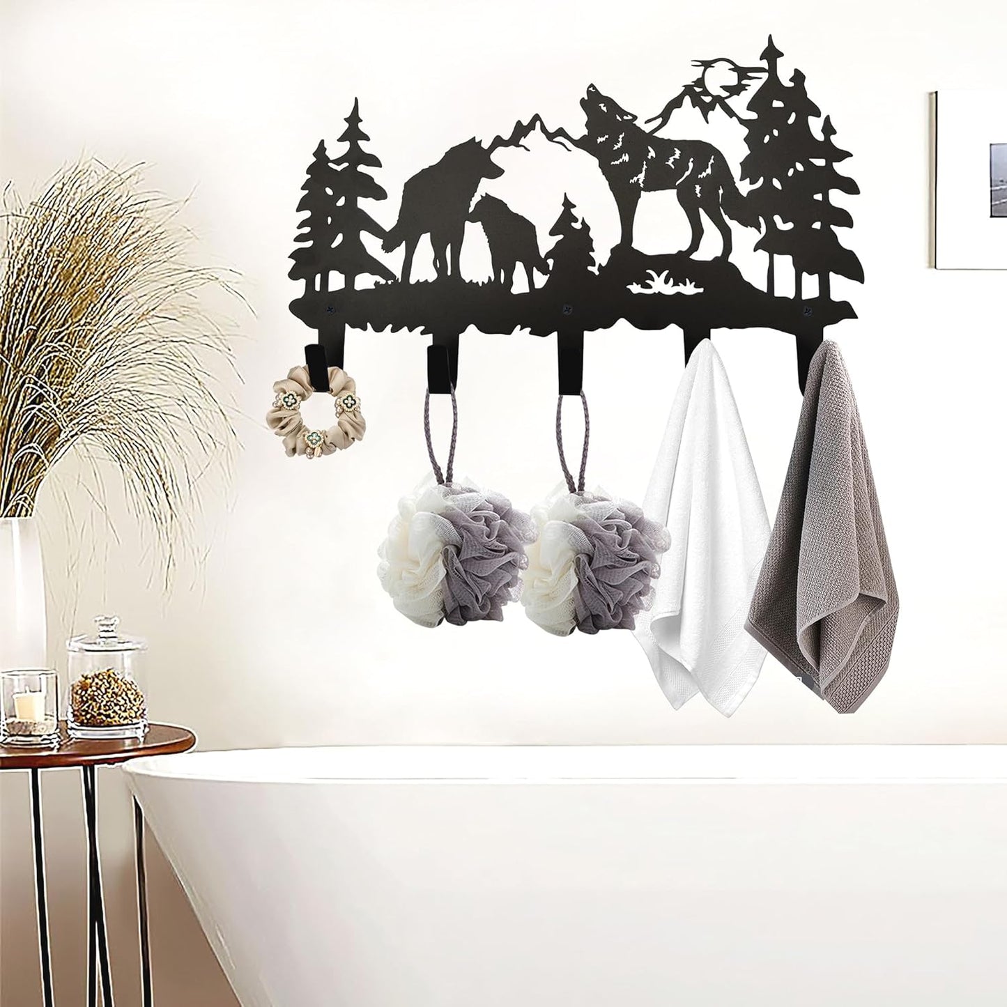 Metal Wolf Coat Hooks Wall Art Decor-Wolf Hangers and Key Holder-Clothes Rack and Backpack Hanger-Animal Theme Hooks Sweet Home Decor for Storage, Living Room, Hallway, Office (Black)