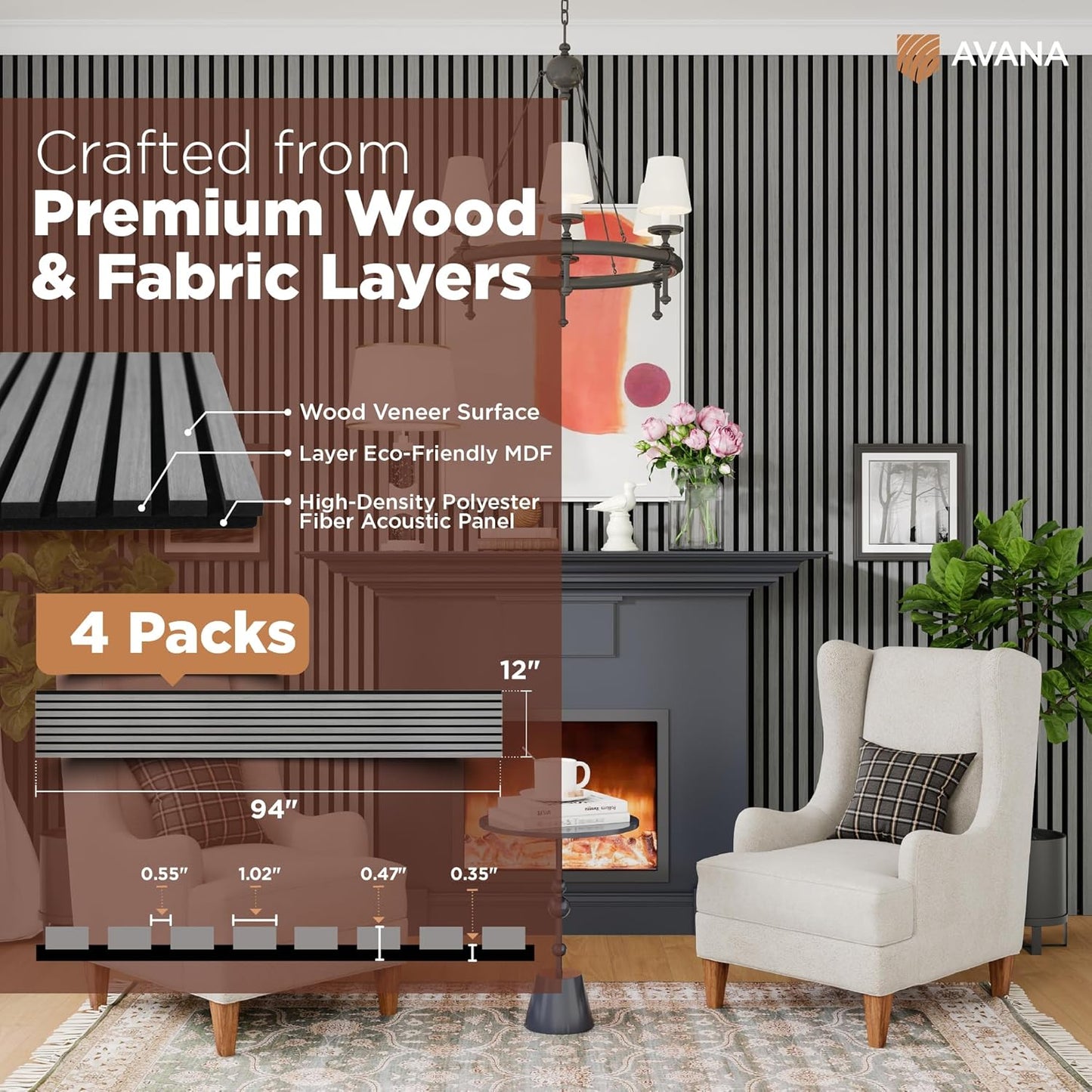 Avana Acoustic Wood Wall Panels – 94.4 x 12.6 Inch Gray Oak Acoustic Panels 4 PCs – Wall Panels For Interior Wall Decor For Homes, Offices, Studios – Pleasing Decorative Wood Panels For Wall