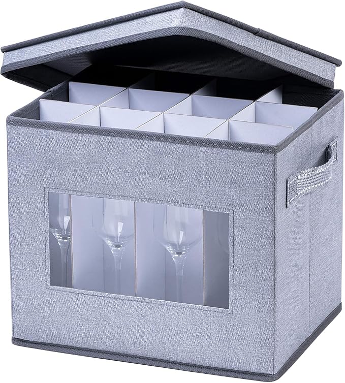 VENO Champagne Flutes Storage Box With Lid and Handles for Stemware Storage, Transport, Moving and Protection, Cardboard Dividers Included for 12 Glasswares