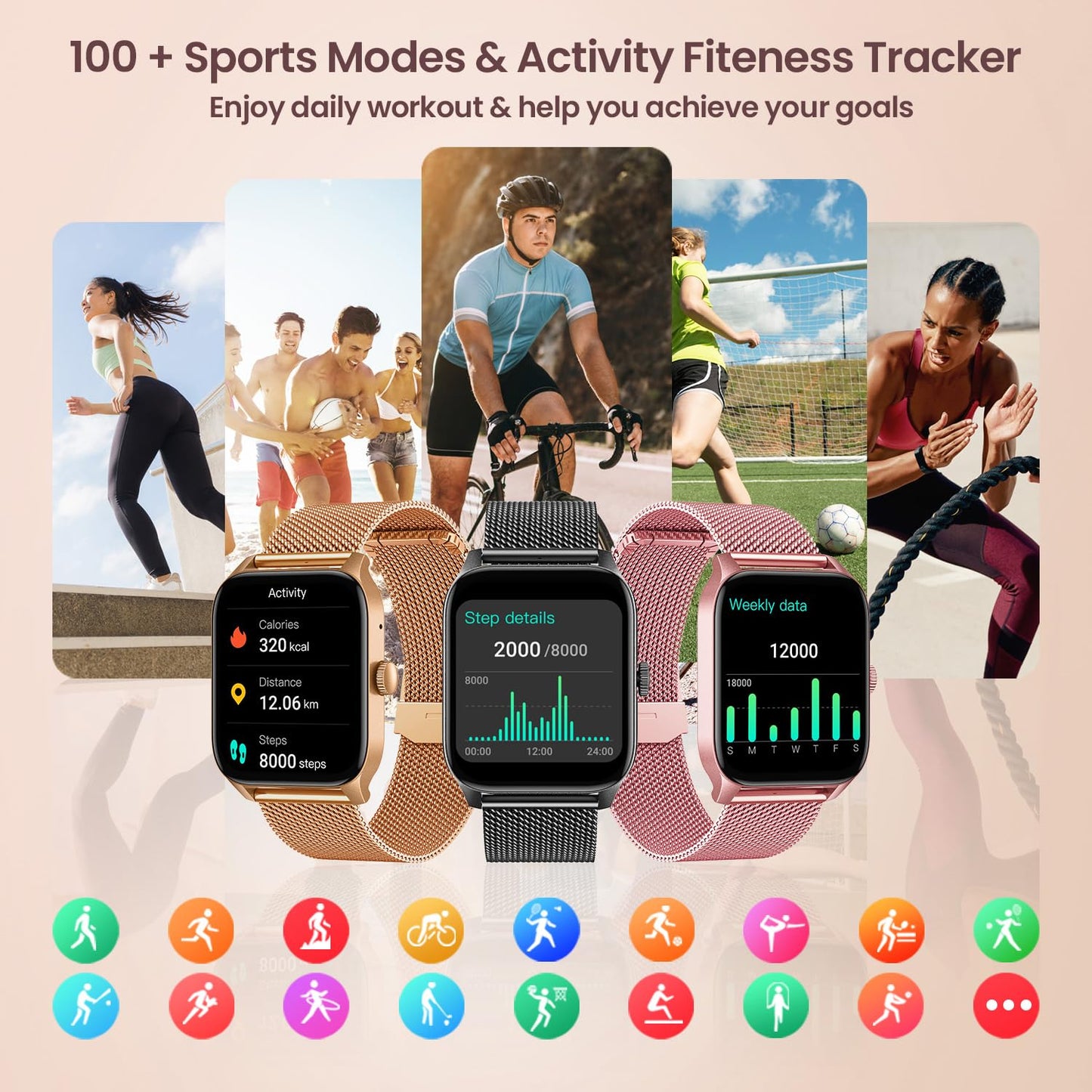 Smart Watches for Women Android iOS Phones: Pink Smartwatch for Women 1.83" Touchscreen with Answer/Make Call Waterproof Heart Rate Blood Pressure Sleep Sport Alarm Pedometer Calorie Fitness Tracker