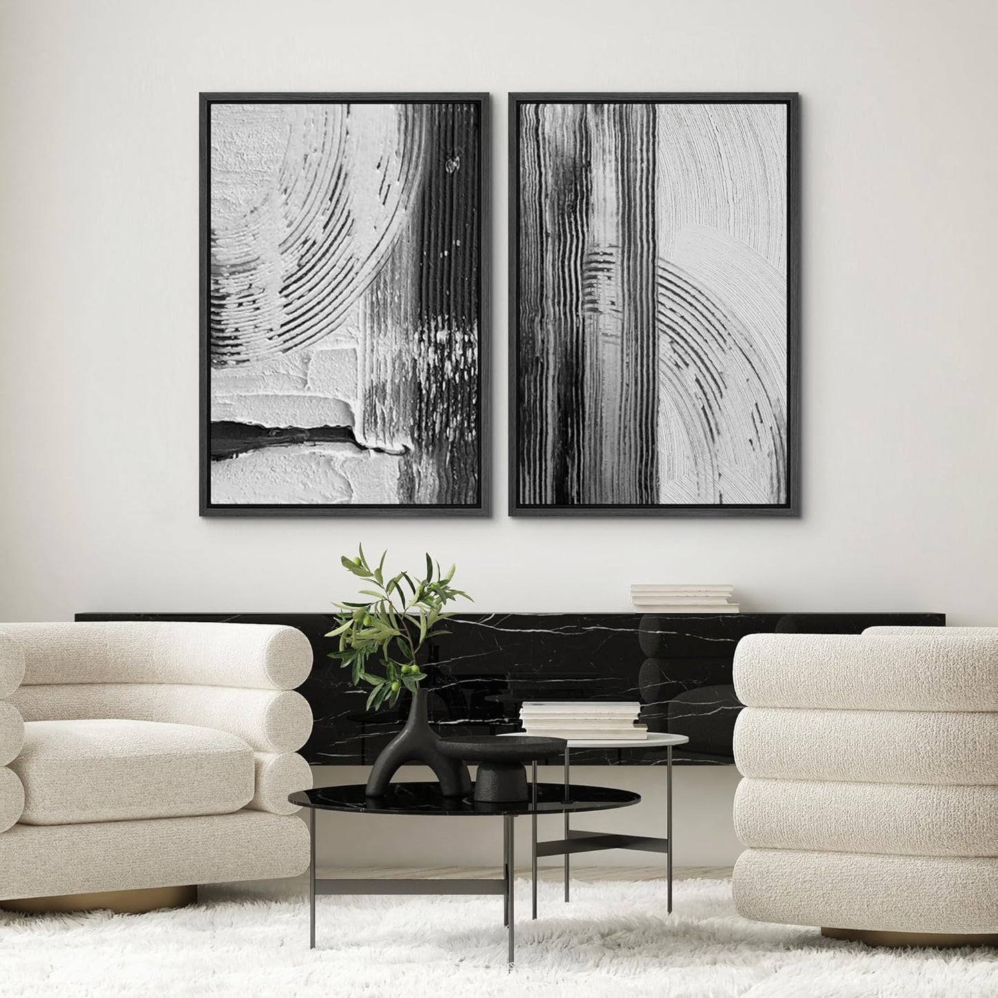 SIGNWIN Framed Canvas Print Wall Art Set Black White Industrial Paint Strokes Abstract Shapes Illustrations Modern Art Minimal Decorative Nordic for Living Room, Bedroom, Office - 24"x36"x2 Black