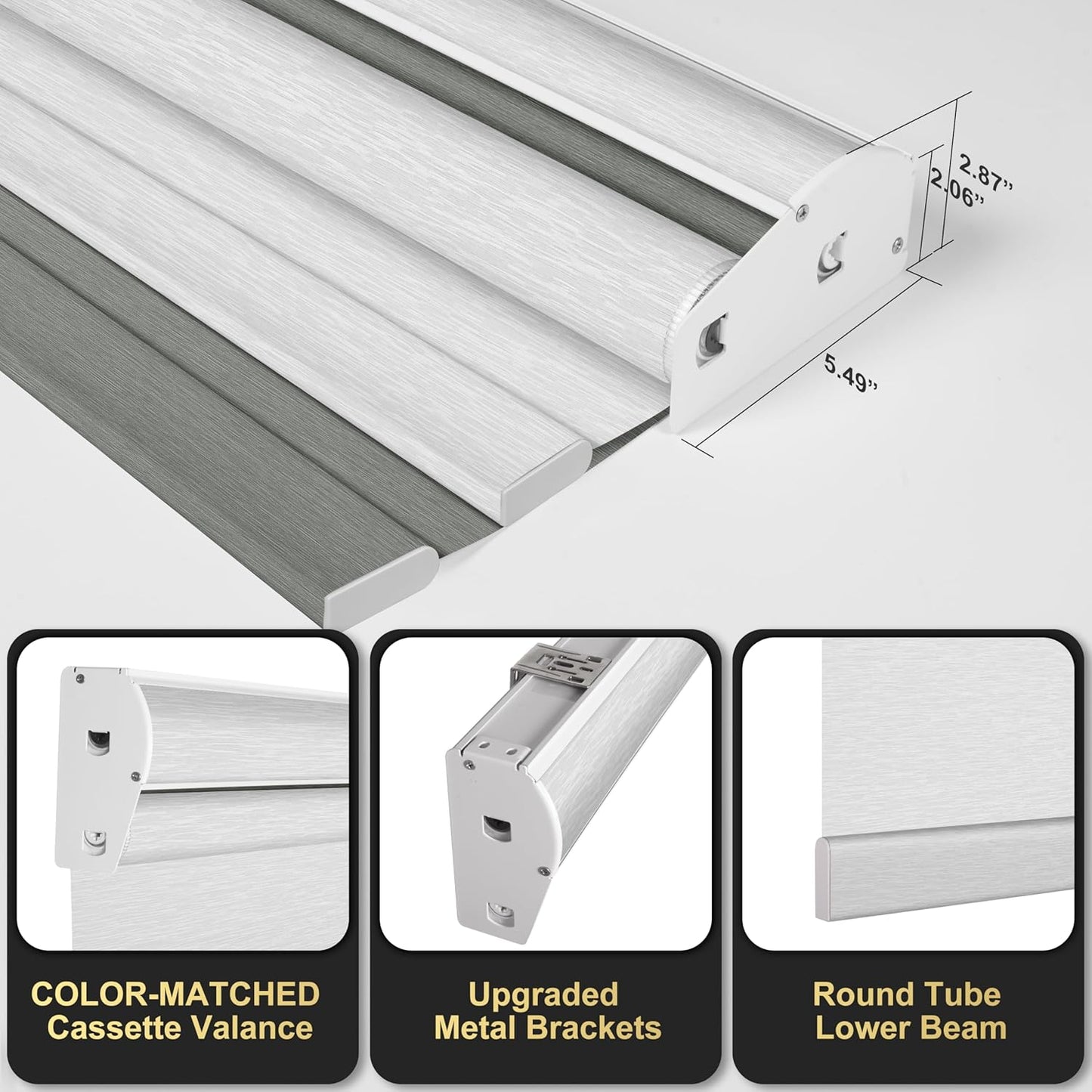 BERISSA Dual Roller Shades with Cassette Valance, Double Window Shades - Blackout and Light Filtering, Day and Night for Home Office Doors. Grey and White. 47 W x 48 H