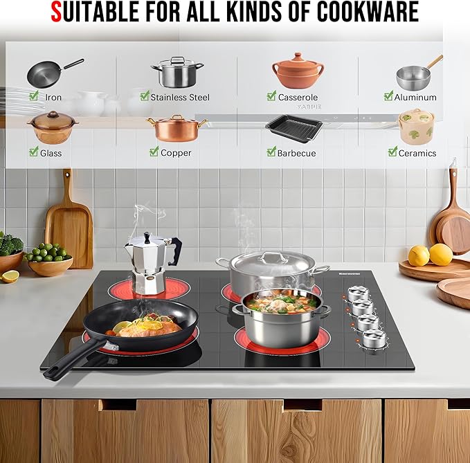 Karinear 24 Inch Electric Cooktop 4 Burners Electric Stove, Knob Control,6000W, Built-in Radiant Hob,Residual Heat Indicator, Overheat Protection,Hardwired 220V Radiant Ceramic Stove(Silver Knob