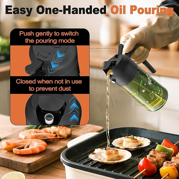 COOLMI Oil Sprayer for Cooking, 2 in 1 Olive Oil Dispenser Bottle Set for Kitchen, Food-Grade Glass Green Oil Vinegar Bottle Container - 16OZ/470ML Set of 2 (Black)