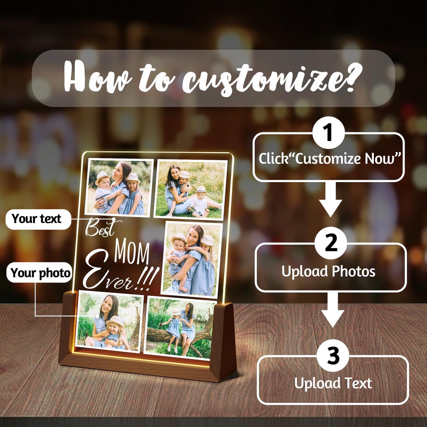 Maiwell Personalized Mothers Day Birthday Christmas Gifts For Mom Grandma Wife From Daughter Son Husband  Custom Led Night Light Up Picture Frame With Photo Name  Customized Best Mom Ever Gifts