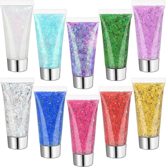 10 Colors Body Face Glitter Gel for Skin and Hair, Makeup Sparkles Rave Accessories for Festival Outfits, Mermaid Decorati...