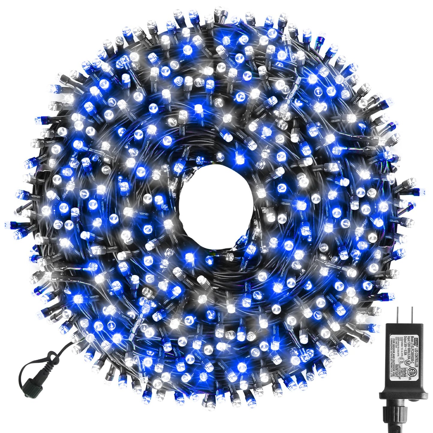 XTF2015 Christmas String Lights, 300 LED, 105ft, 8 Modes, UL Certified, Blue White, Model QL300IE, Indoor Outdoor Fairy Lights