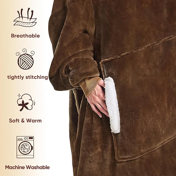 yescool Wearable Blanket Hoodie, Flannel Sherpa Fleece Blanket Sweatshirt for Adults Women Men,One Size Fits All
