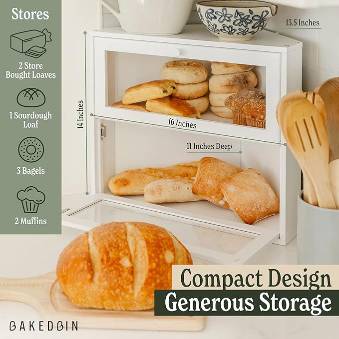 Corner Bread Box for Kitchen Countertop - New 2025 Airtight Design - Extra Large, Double Layer White Breadbox, Vintage Storage for Homemade Bread, Under Cabinet Organizer
