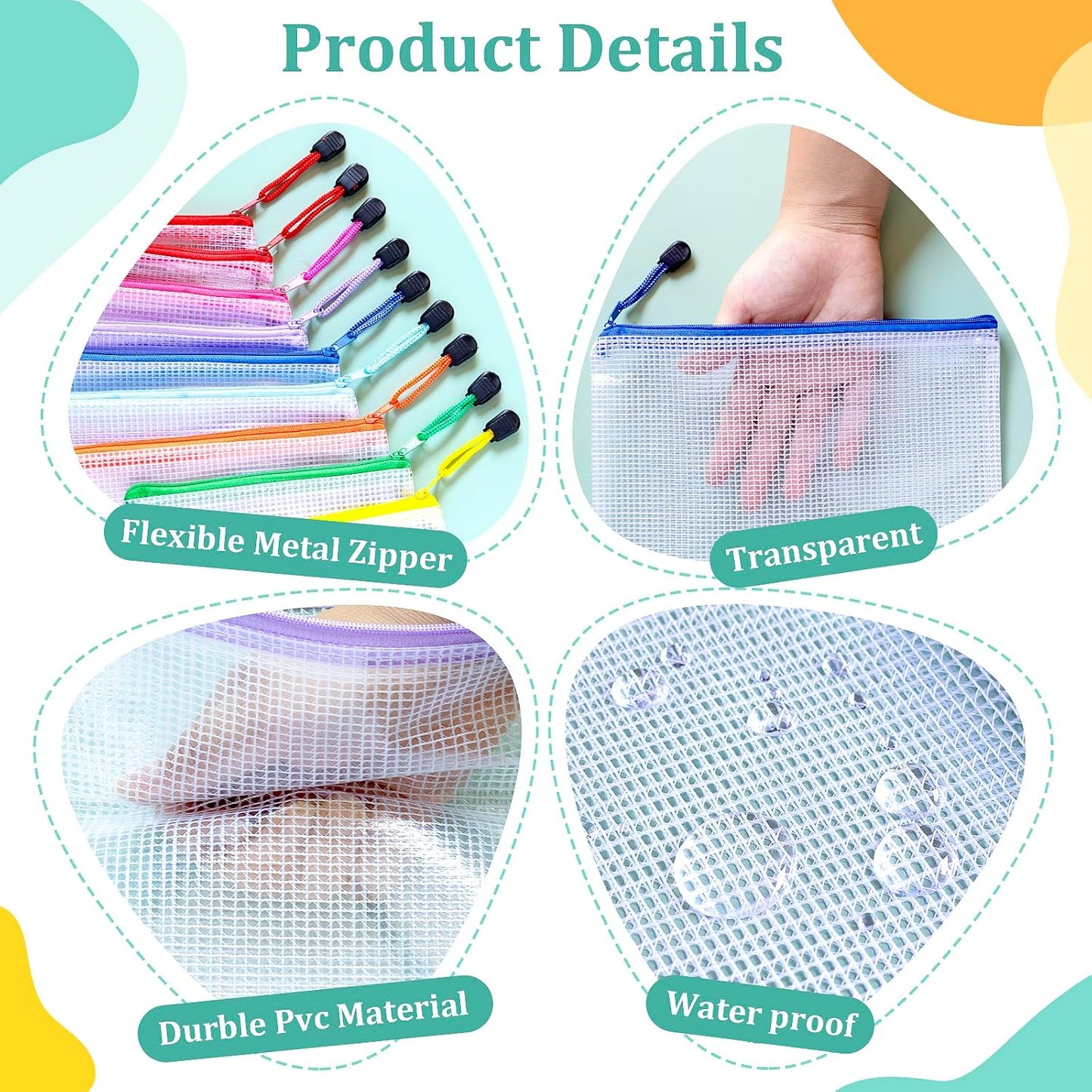 24pcs Mesh Bags With Zipper, A4 Zippered Pouch, Clear Pouches With Zipper, 8 Colors Mesh Bags, Plastic Bag, Letter Size Organization Pouches for Office, File, Toys, School