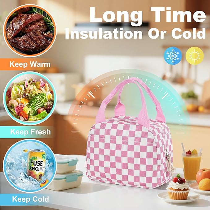 Lunch Bag for Women Checkered Insulated Lunch Box Reusable Cooler Bag Portable Cute Corduroy Leakproof Tote Bags for Travel, Work, and Picnic