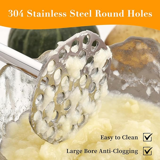Stainless Steel Potato Masher with Solid Wood Handle, Multifunctional Food Masher with Bottle Opener Hook, Durable 10.4 inch Kitchen Tool for Potato, Veggie, Fruit, Avocado