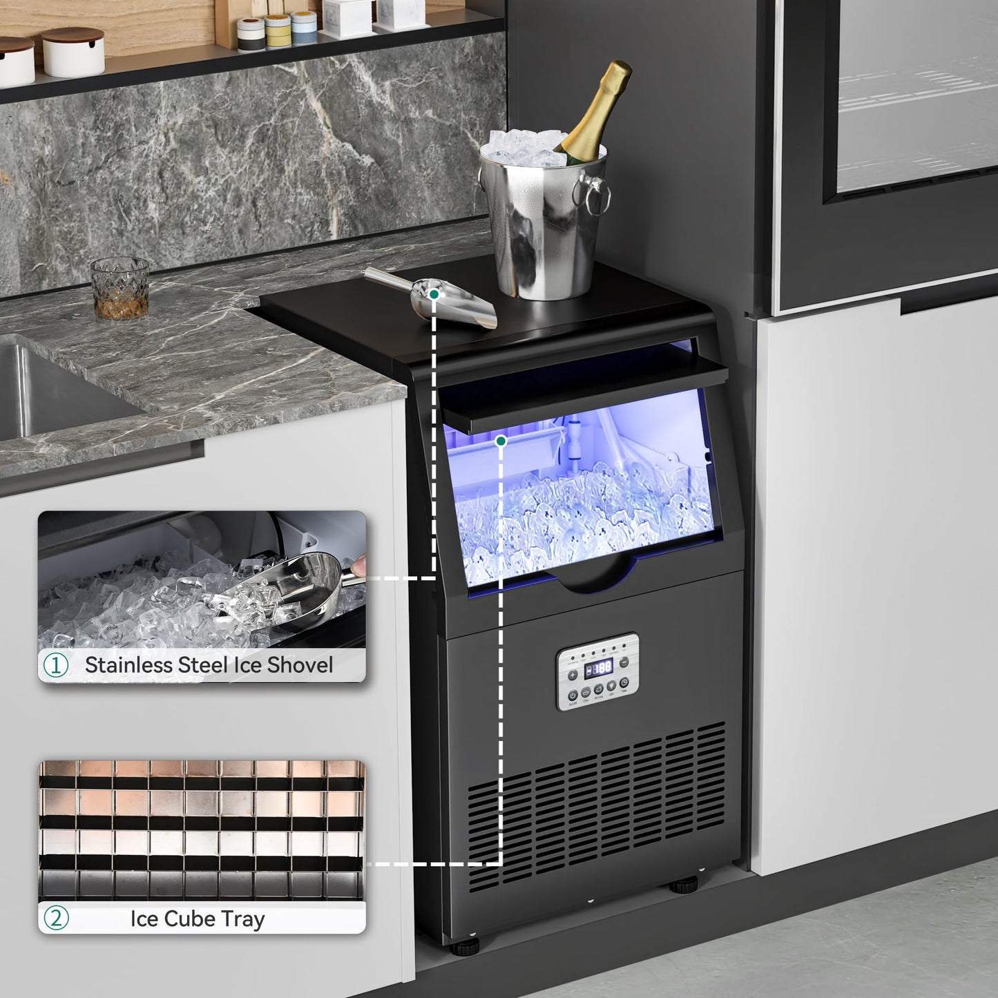 YITAHOME 130lbs Ice Maker Machine Commercial Under Counter Ice Maker, ETL & DOE Certificated Commercial Large Ice Makers Freestanding for Home Cafe Bar Restaurant 44pcs with 17lbs Storage Bin