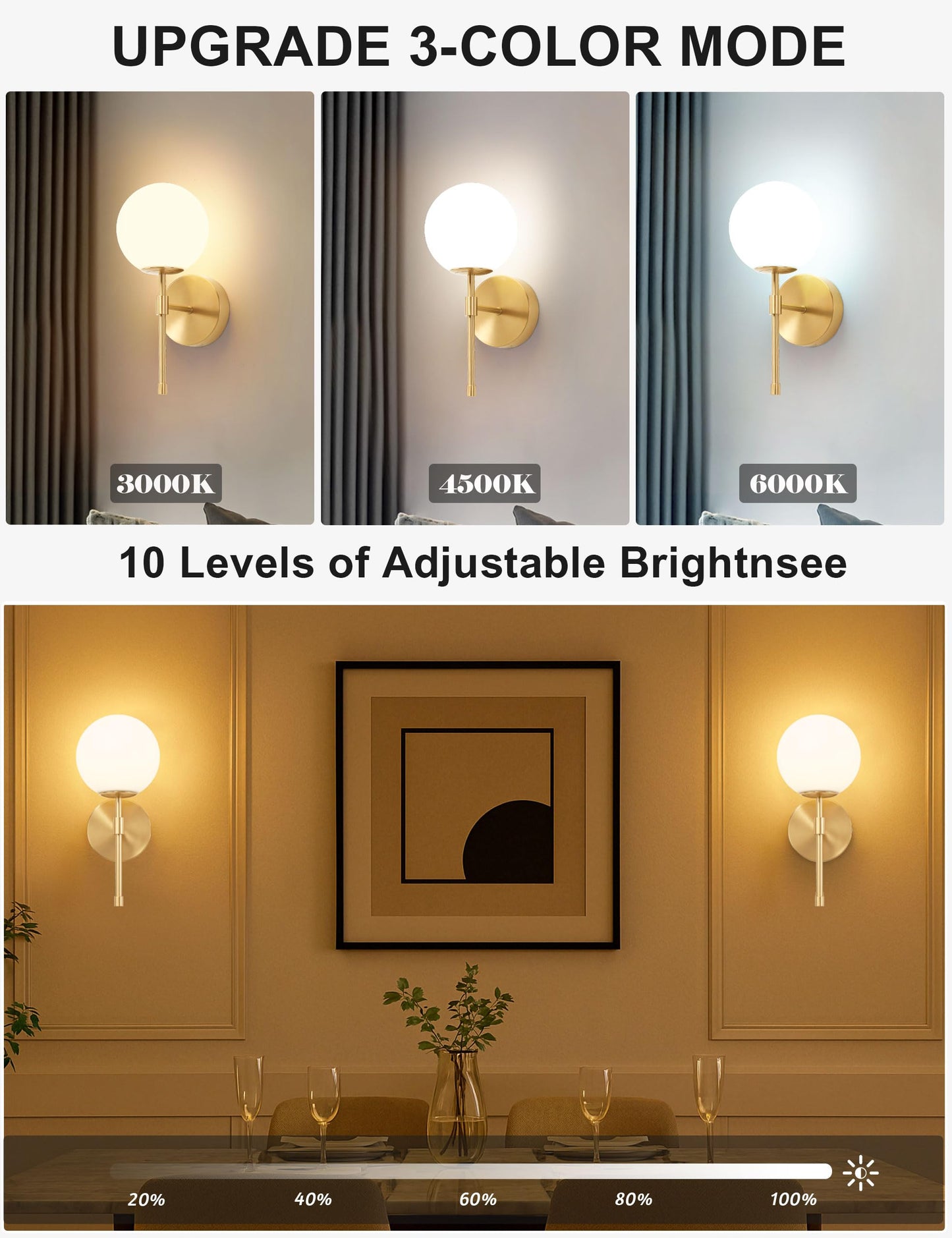 MSTETO Battery Operated Globe Wall Sconces Set of 2, Brushed Gold, Wireless, Remote Control, Rechargeable, Model MTIW-108G