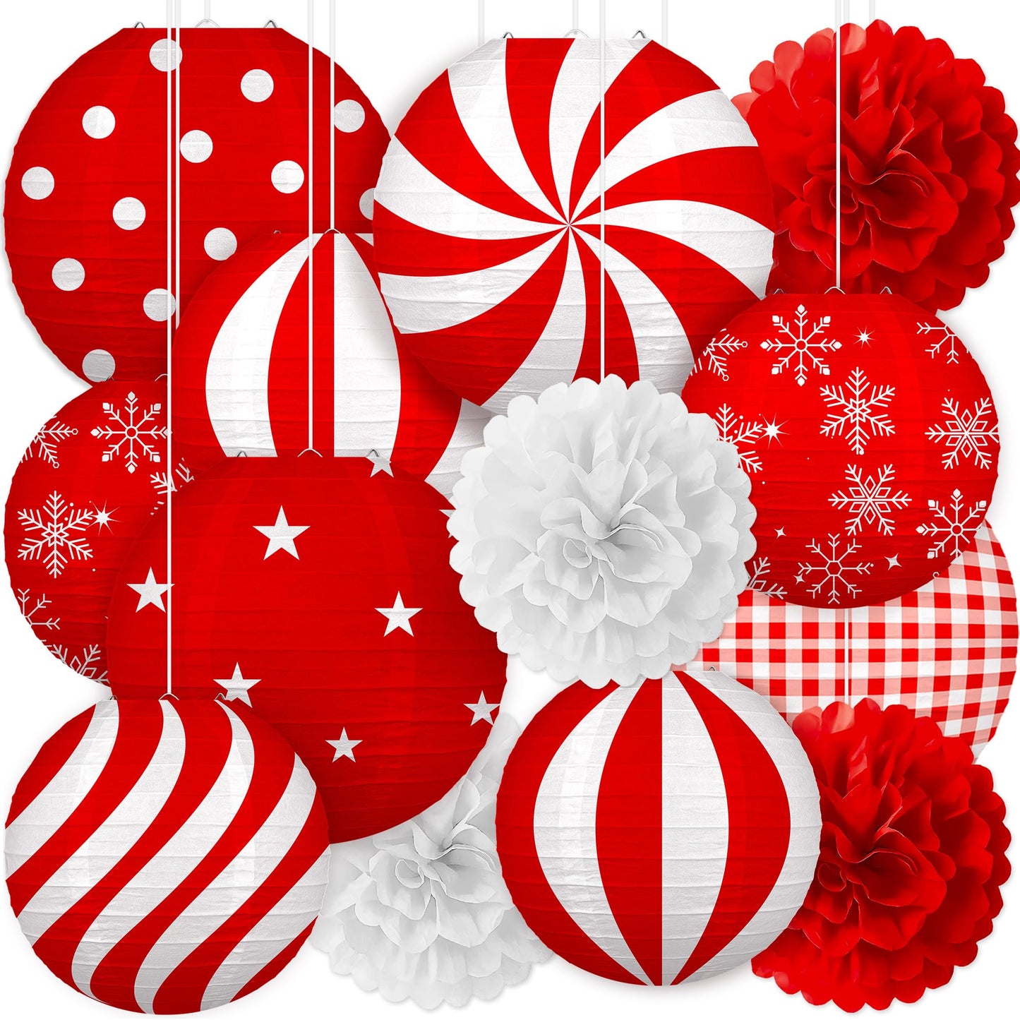 Renbuzhu 13Pcs Christmas Decorations Ornaments Set - 9 Red White Hanging Paper Lanterns  4 Pom Poms For Indoor  Home  Xmas Party  Porch Decor