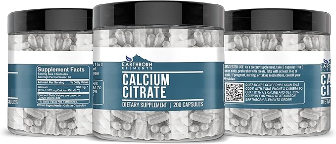 Earthborn Elements Calcium Citrate 200 Capsules, Pure & Undiluted, No Additives