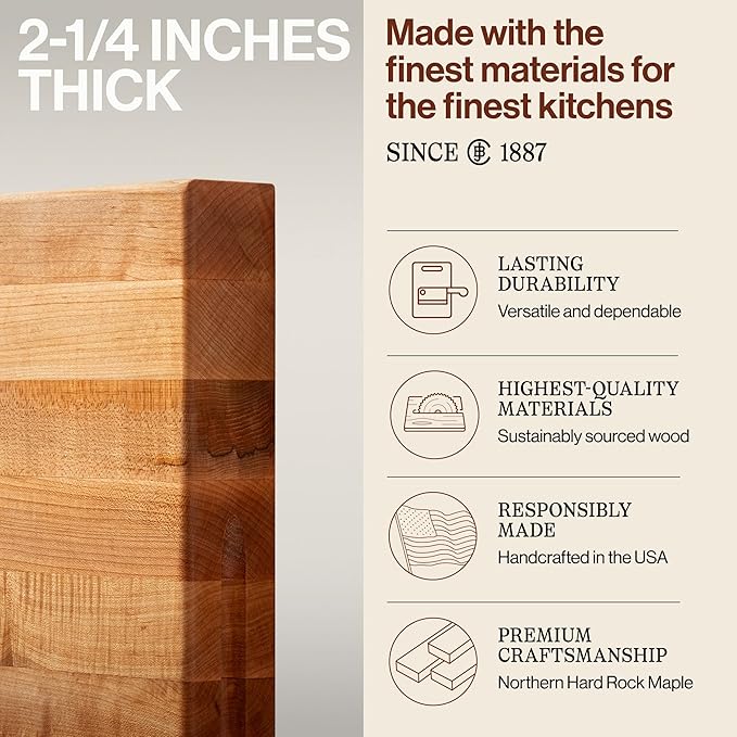 John Boos RA-Board Series Rectangular Wooden Maple Cutting Board 24”x18” – 2.25” Thick, 30-lb Reversible Butcher Block with Edge-Grain & Finger Grips – Made in the USA