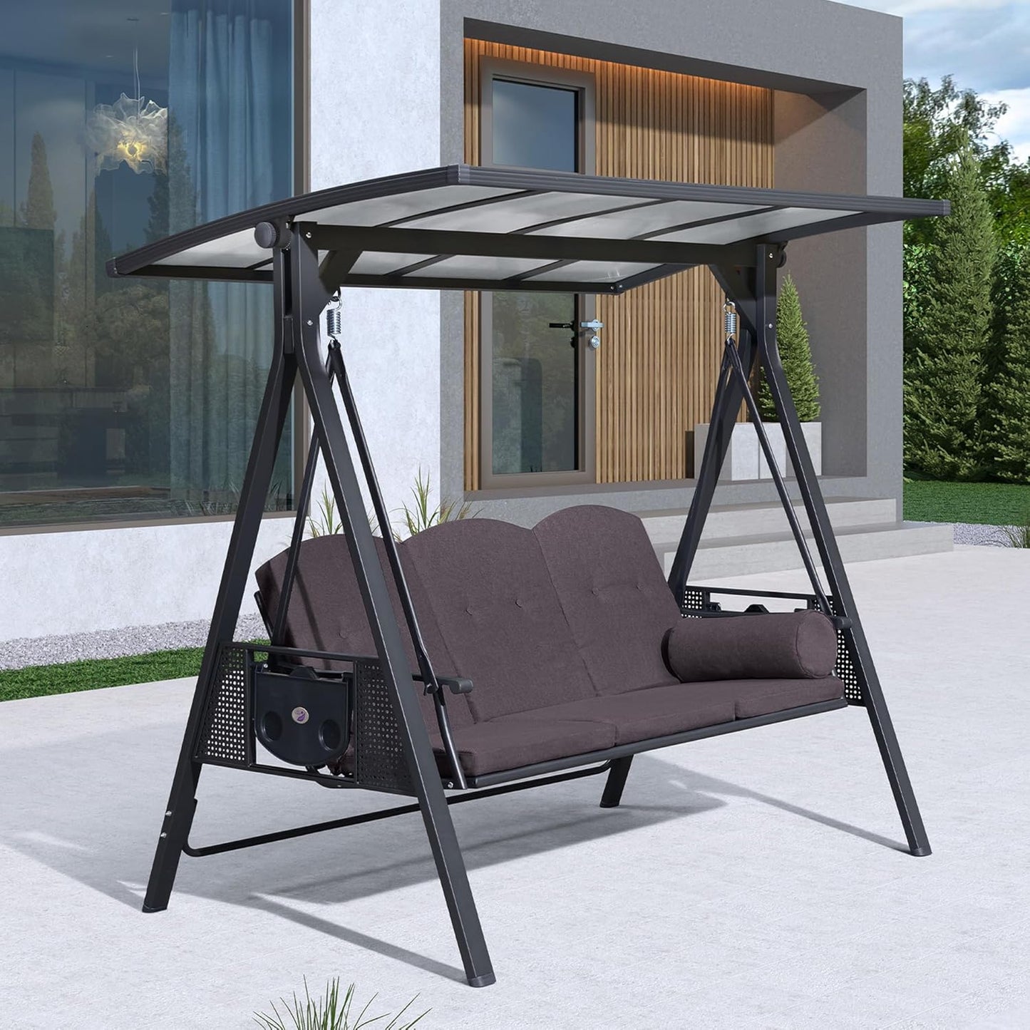 PURPLE LEAF Outdoor Patio Porch Swing with Adjustable PVC Canopy, 3-seat Swing Chair Bench with Side Cup Holder for Backyard Front Porch Lawn, Cushions and Pillow Included, Grey