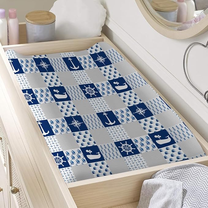 Nautical Life Changing Pad Cover Navy Lighthouse Compass Anchor Whale Wave Diaper Changing Table Cover Sheets for Boys Girls Soft Stretch Fitted Diaper Change Mat Cover 32''x16''