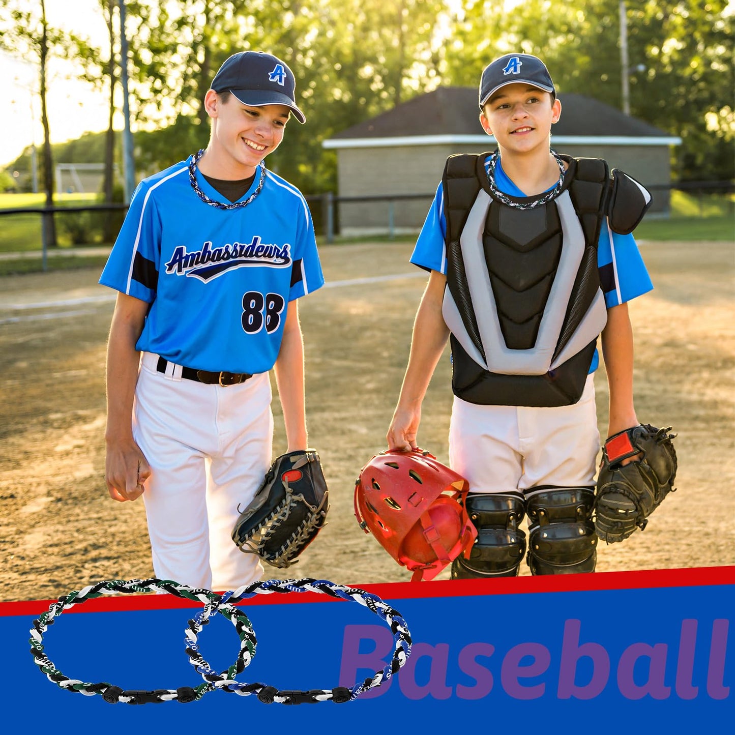 Junkin 3 Pcs Baseball Necklaces Three Braided Rope Titanium Necklace for Team Gifts Boys Men Player Softball Fans Sports (Bright