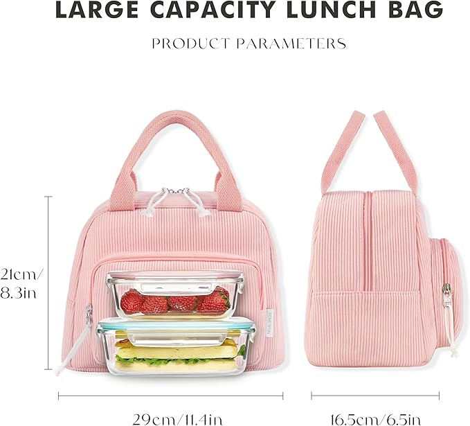 HOMESPON Lunch Bag for Women Men Adults with Front Pocket Cute Corduroy Insulated Lunch Tote Large Capacity Lunch Box Cooler Container for Work Picnic or Travel (Pink)