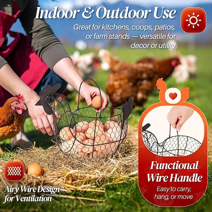 Flexzion Chicken Egg Basket for Collecting Eggs, Small Wire Egg Collecting Basket with Handle for Eggs, Fruits, Vegetables, Farmhouse Rustic Style Chicken Basket Decor for Kitchen Countertop, Brown