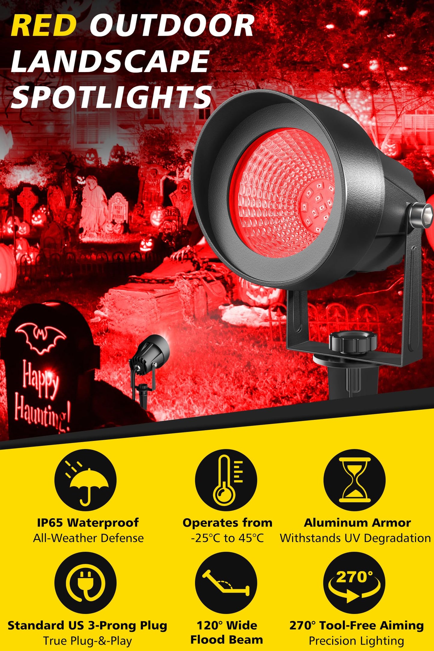 T-Sun Christmas Red Spotlight Outdoor  Waterproof Led Landscape Lighting With Us Plug  Easy Install 270?Adjustable Outdoor Spot Lights For Garden Tree Yard Decor