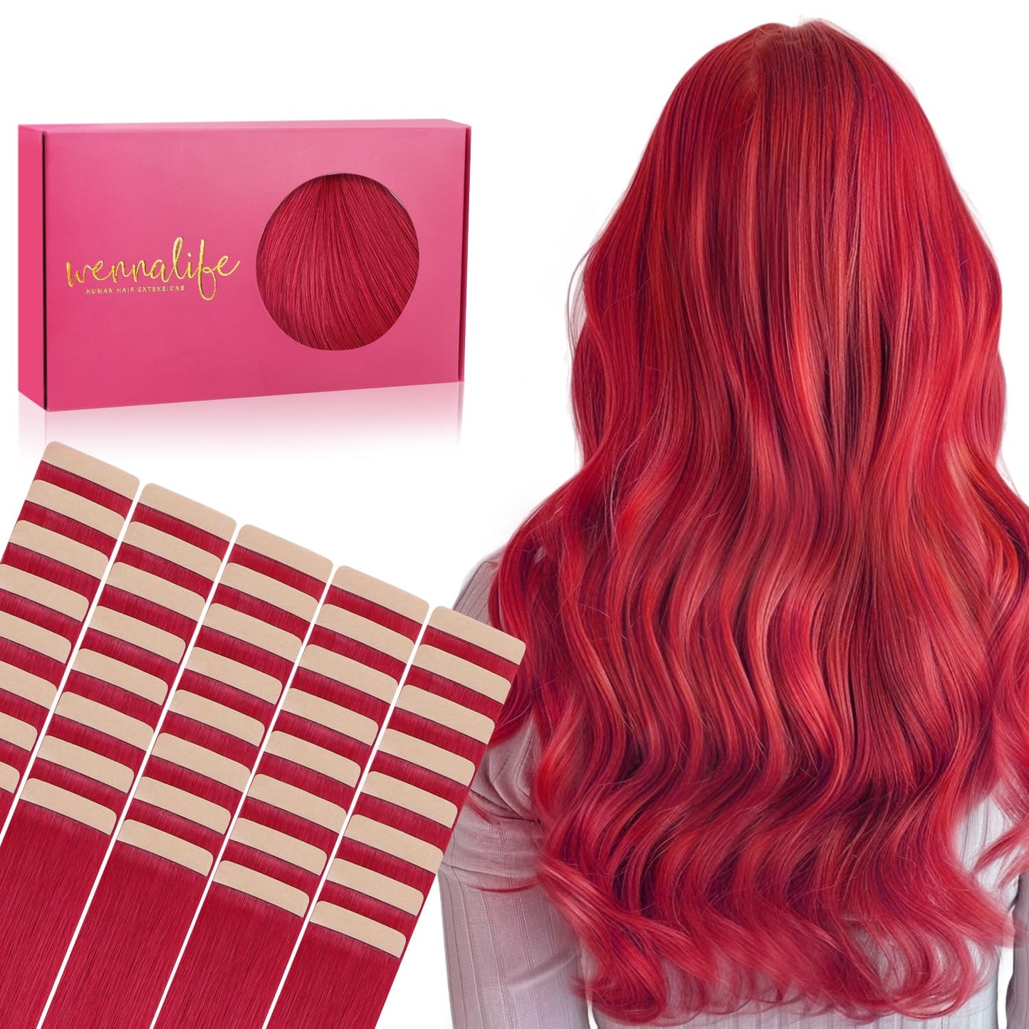 WENNALIFE Tape in Hair Extensions Human Hair, 40pcs 100g 24 inch Red Hair Extensions Real Human Hair Straight Tape in Extensions
