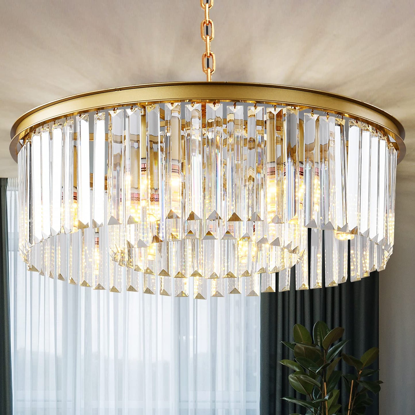 Laiuetai Gold Modern Crystal Chandelier  2-Tier Round Flush Mount Ceiling Light Fixtures Height Adjustable Pendant Lighting For Dining Room Living Room Bedroom Kitchen Hotel Foyer