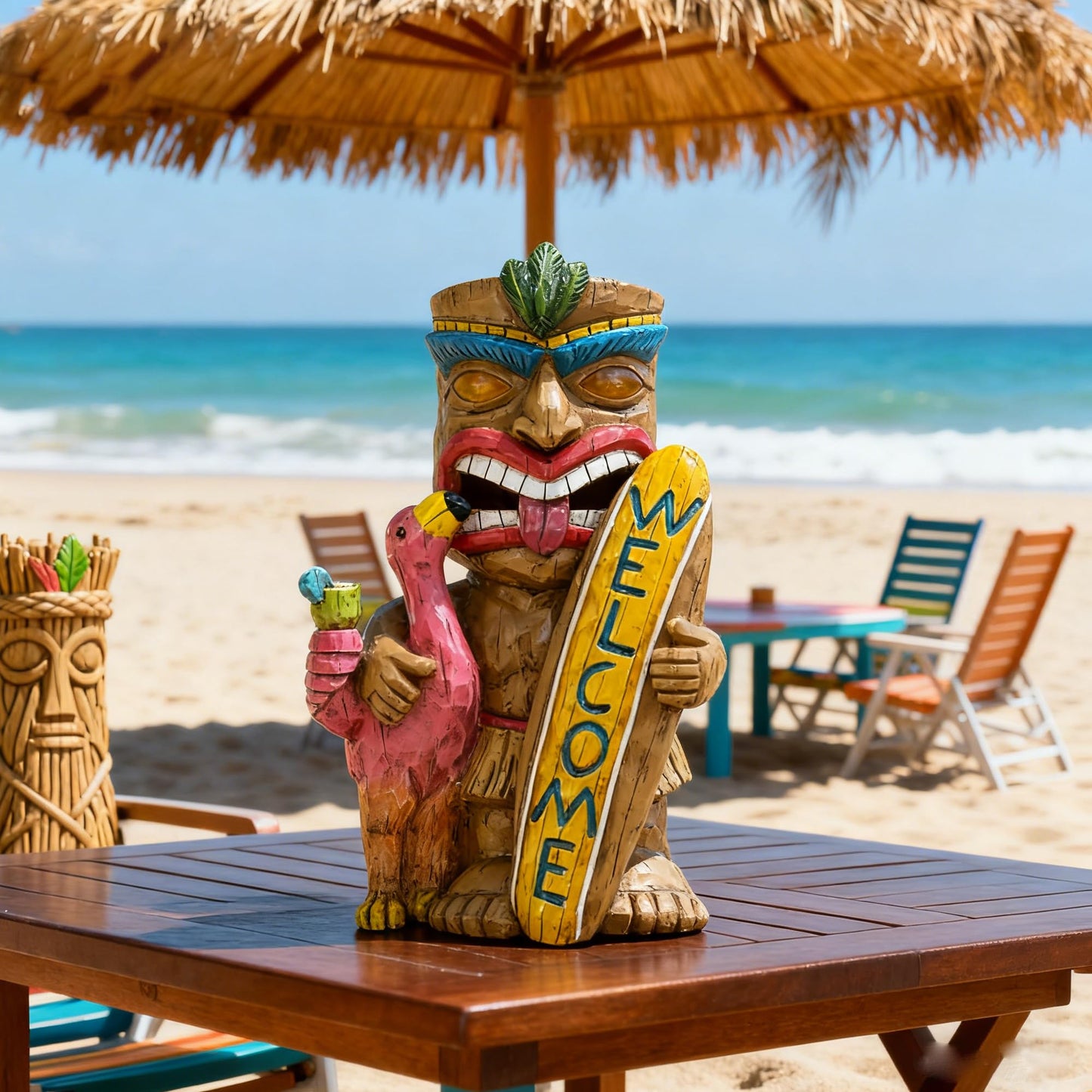 Eptuega Solar Tiki Bar Flamingo Statue - 11.42 Resin Welcome Sign For Patio, Yard, Balcony Decor