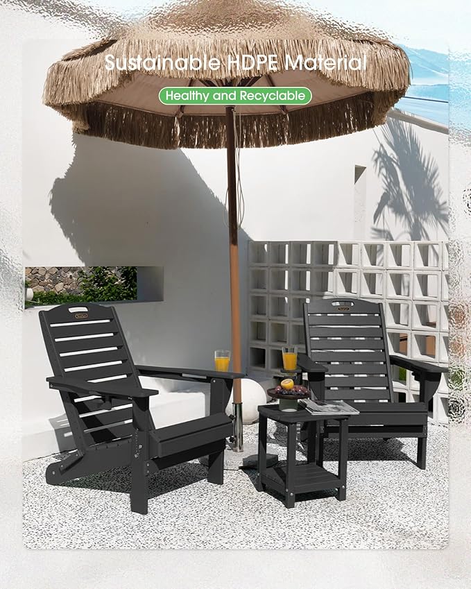 Adirondack Chairs Set of 4, Outdoor Fire Pit Chairs, HDPE All-Weather Adirondack Chairs with Cup Holder, Lawn Chair for Deck, Patio, Garden (Black)
