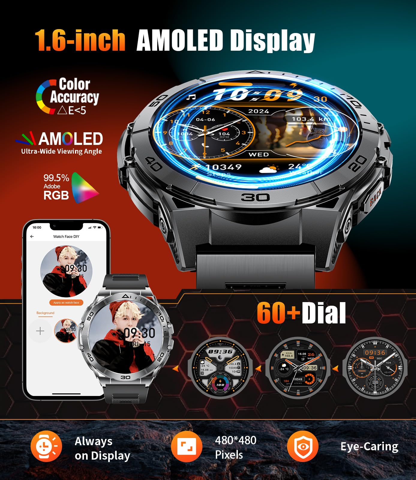 HIRREO EF16 Smart Watch for Men (Answer/Make Calls), 1.6" AMOLED HD Fitness Watches with LED Flashlight, 600mAh Battery/2 Straps/100+ Sports/IP68 Waterproof Smartwatch for Android iPhone Compatible