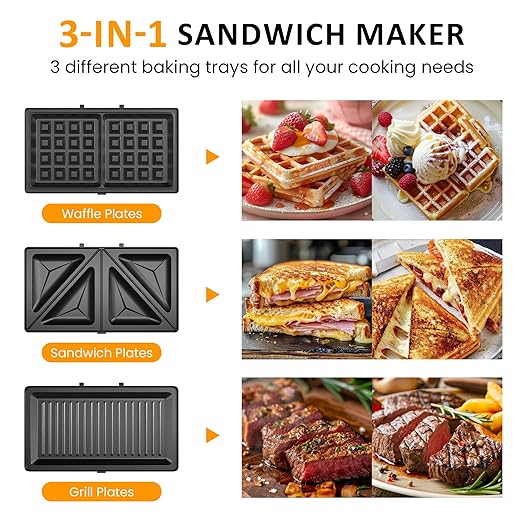 Sunvivi Pro Sandwich Maker Panini Press Grill, 3 in 1 Electric Waffle Maker with Removable Non-stick Plates, with Glass Top, Cool Touch Handle & Easy to Clean, 850W