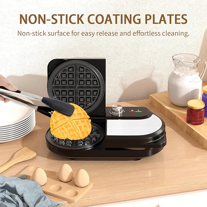 Double Waffle Maker 6 Inch, 1400W Belgian Waffle Maker for Breakfast and Snacks, Stainless Steel Waffle Iron with Nonstick Plates, Temperature Knob, Cool-Touch Handles
