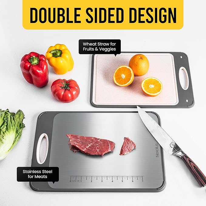 2 Pack Titanium Cutting Board Set, Large Double Sided - 16x11" + 14x9" - Stainless Steel Cutting Board for kitchen with Deep Juice Groove, Built-In Measurement Scale & Easy to Clean