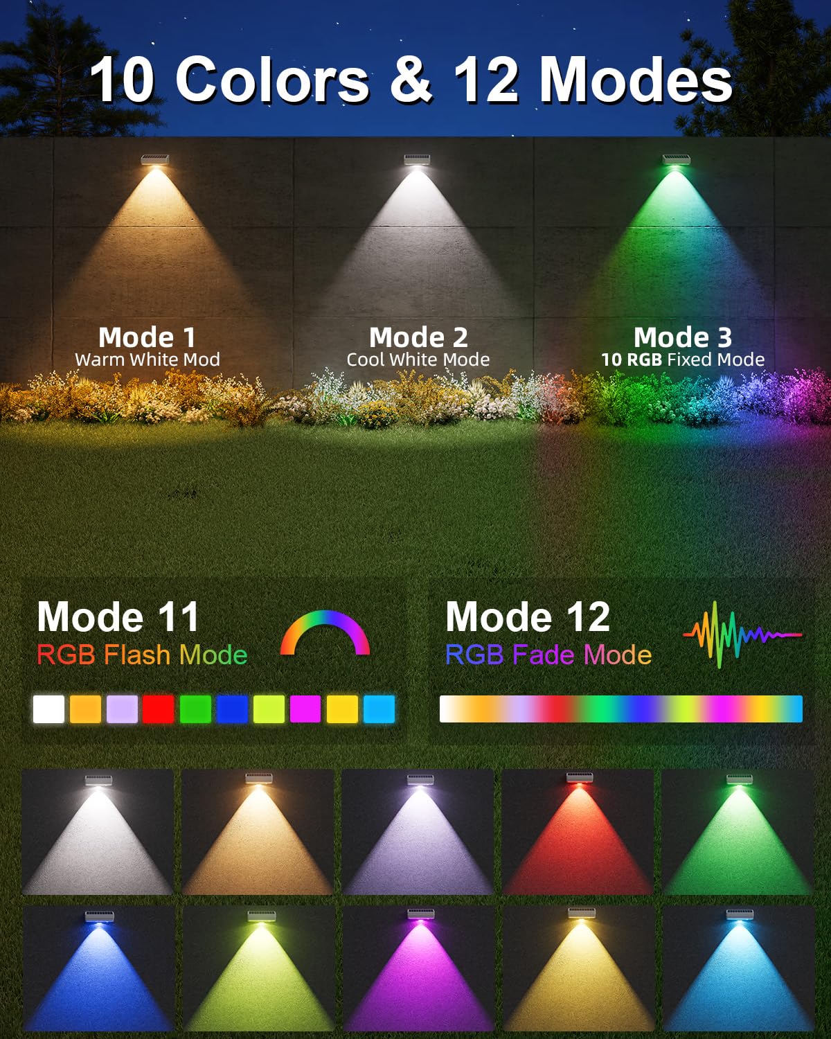 Jofios Solar Fence Lights Outdoor  12 Pack  50Lm Ultra Bright  10 Colors & 12 Lighting Modes Solar Deck Lights  Ip65 Waterproof  Dusk-To-Dawn Solar Powered Fence Light For Patio  Railing (White)