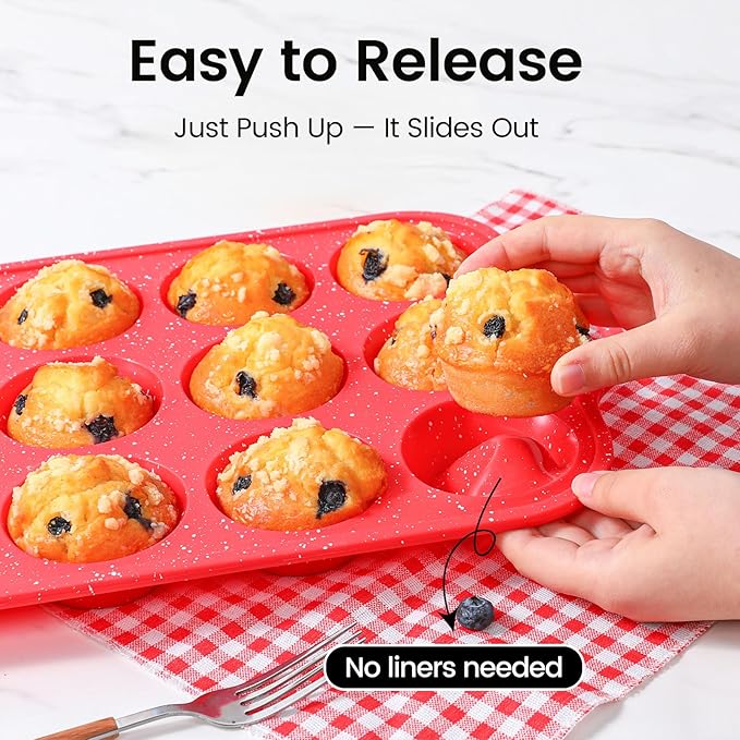 Silicone Muffin Pans for Baking, with Metal Reinforced Frame, Dishwasher Safe BPA Free Nonstick Silicone Cupcake Pan 12 Cups for Baking Homemade Muffins, Cupcakes - 2 Pack