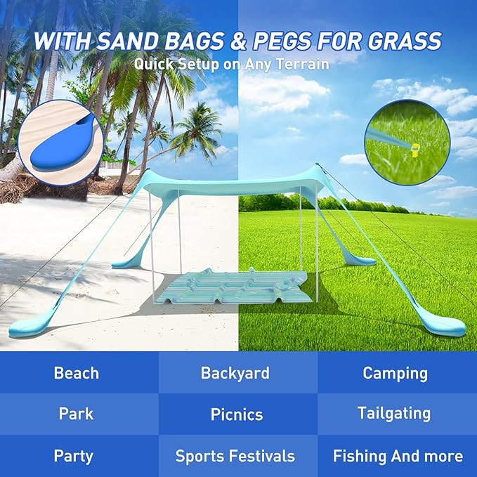 Beach Tent Pop Up Shade Canopy Sun Shelter UPF50+ with 4 Stability Poles/Carry Bag/Ground Pegs/Sand Shovel/Windproof Ropes Portable Outdoor Family Sunshade for Camping (Royal Blue,7×7FT)